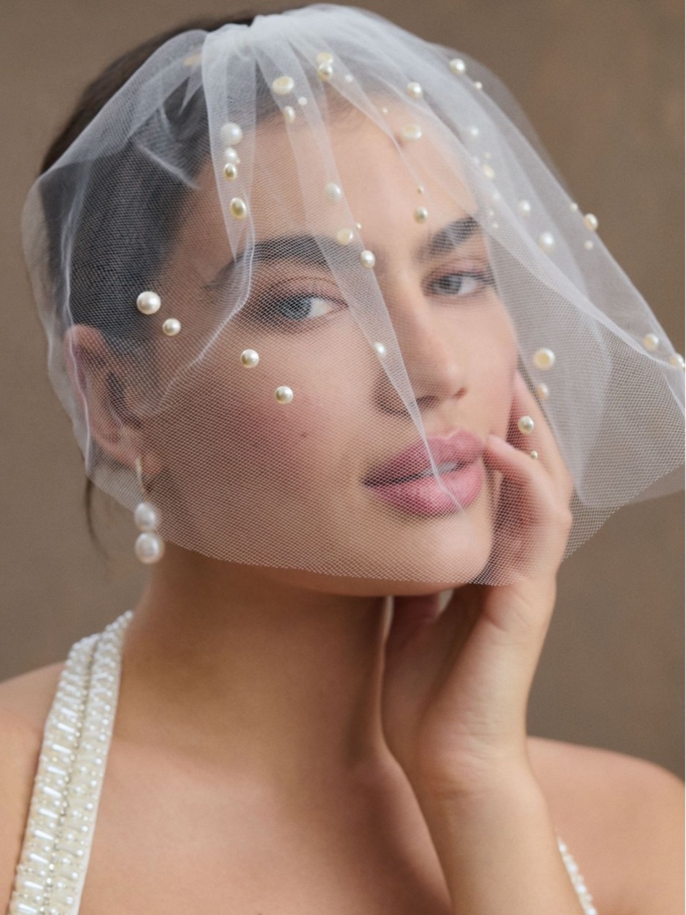 Twigs & Honey Pearl-Embellished Bridal Birdcage Veil in Ivory